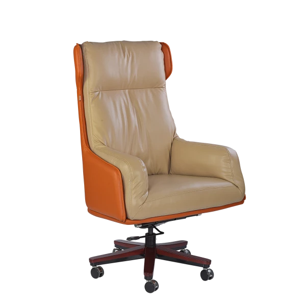 Luxury Executive Office Chair - Beige & Orange Leather with Mahogany Base