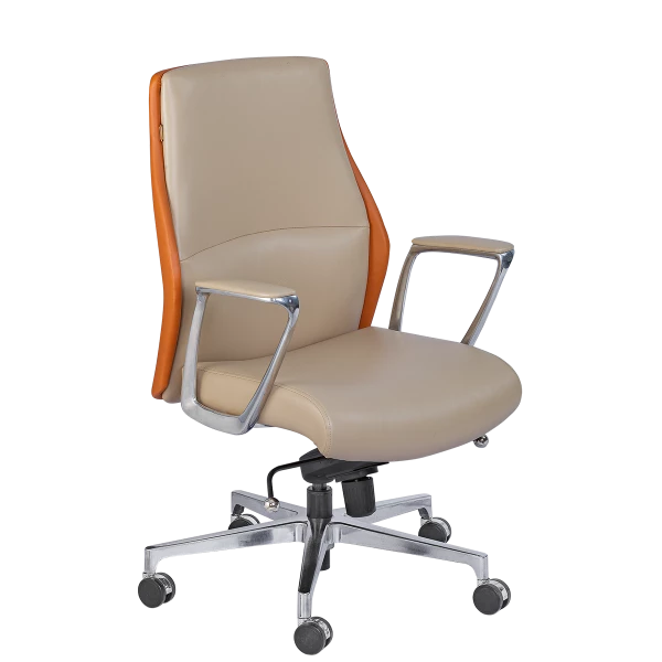 Executive Office Chair - Beige Leather with Orange Wood Trim & Chrome
