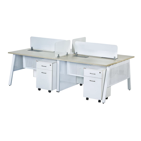4-Person Linear Bench Workstation - White with Perforated Modesty Panels & Privacy Screens