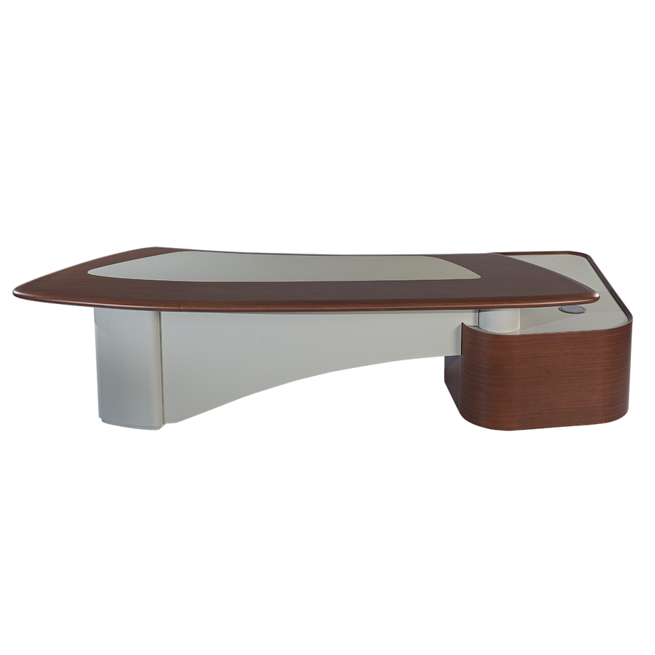 Executive L-Shaped Desk with Glass Inlay - Premium Mahogany & Chrome Finish