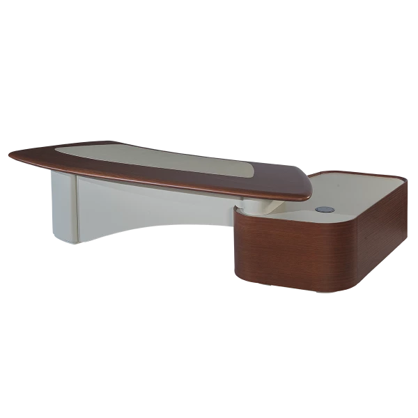 Executive L-Shaped Desk with Glass Inlay - Premium Mahogany & Chrome Finish
