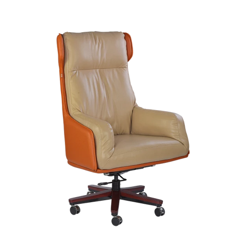 Luxury Executive Office Chair - Beige & Orange with Wooden Base