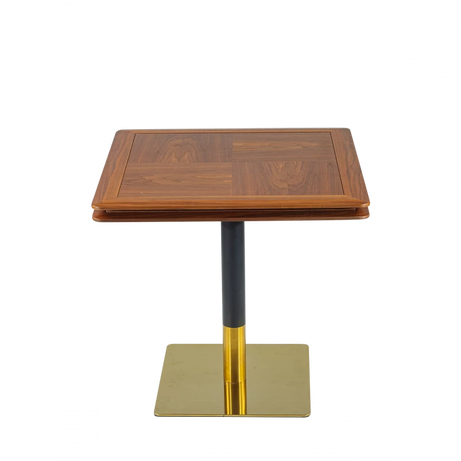 Square Cafe Table with Parquet Wood Top and Gold Pedestal Base
