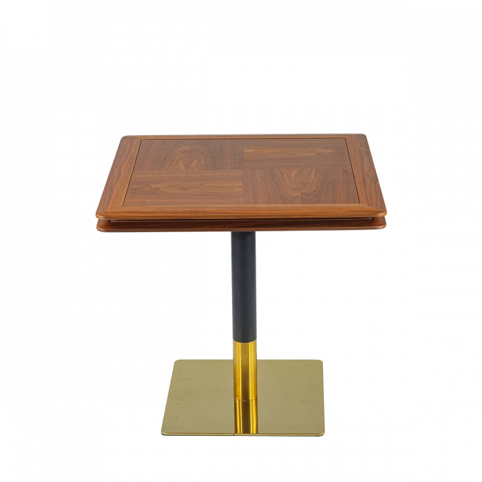 Square Cafe Table with Parquet Wood Top and Gold Pedestal Base