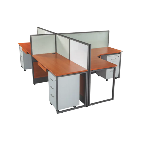 4-Person Cluster Workstation - L-Shaped Desks with Privacy Panels & Storage