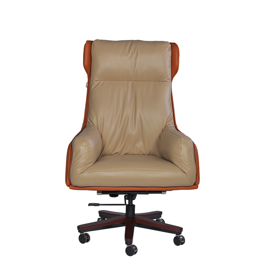 Luxury Executive Office Chair - Beige & Orange with Wooden Base