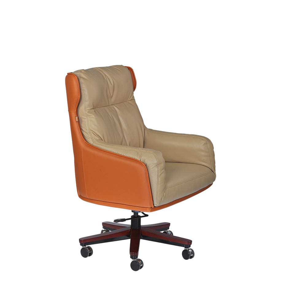 Luxury Executive Office Chair - Beige & Orange Leather with Mahogany Base