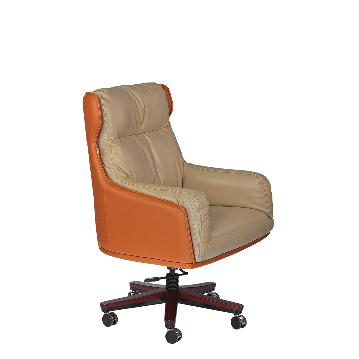 Luxury Executive Office Chair - Beige & Orange Leather with Mahogany Base