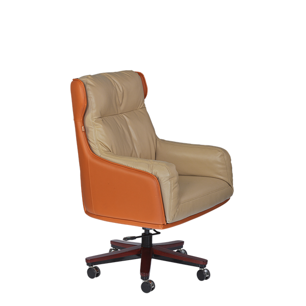 Luxury Executive Office Chair - Beige & Orange Leather with Mahogany Base
