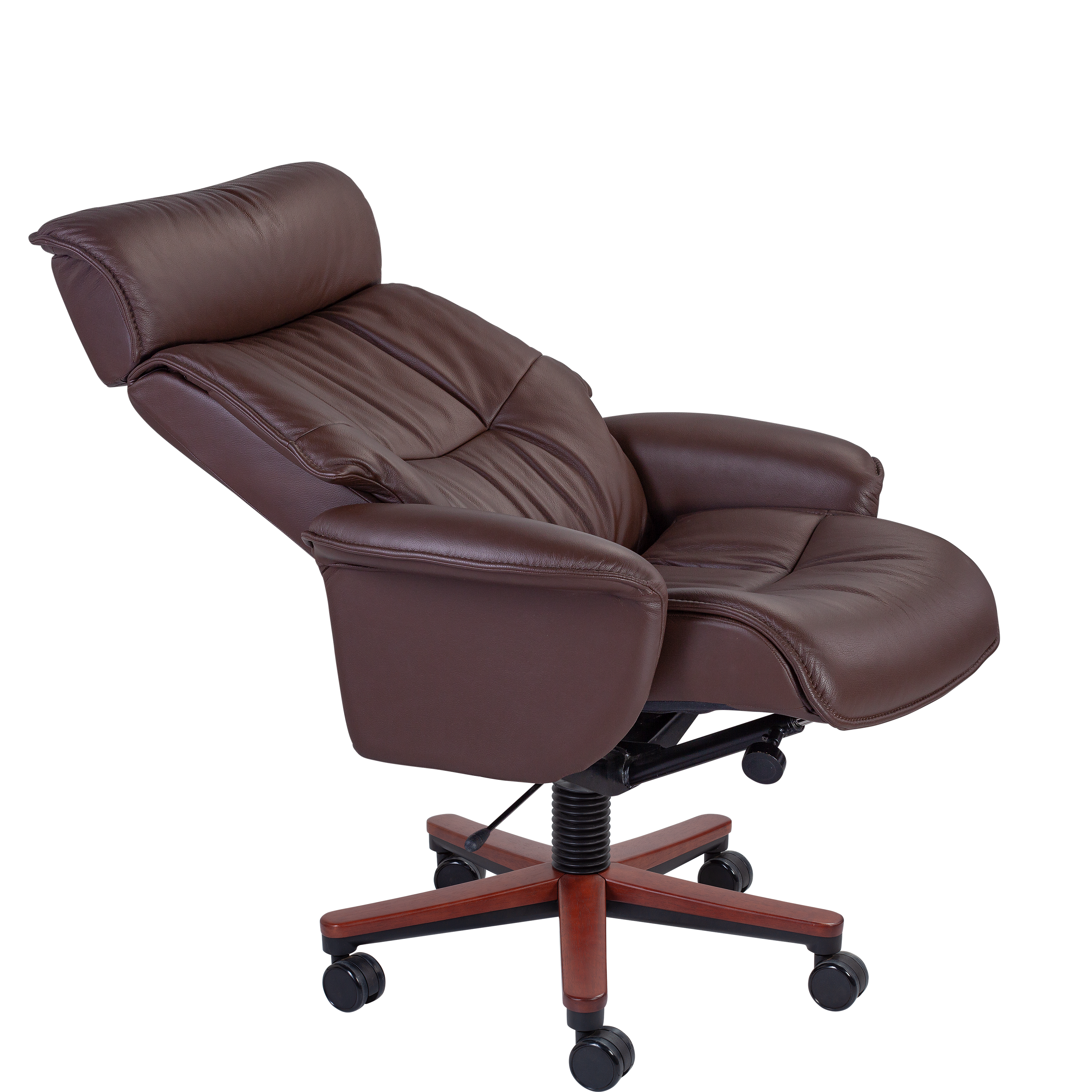 Luxury Executive Reclining Chair with Footrest - Brown Leather & Mahogany Base