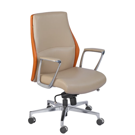 Executive Office Chair - Beige Leather with Orange Wood Trim & Chrome