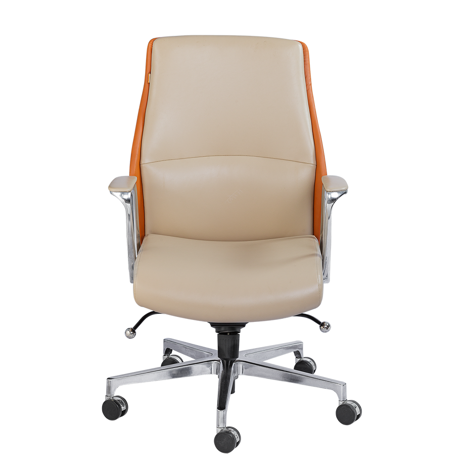 Executive Office Chair - Beige Leather with Orange Wood Trim & Chrome