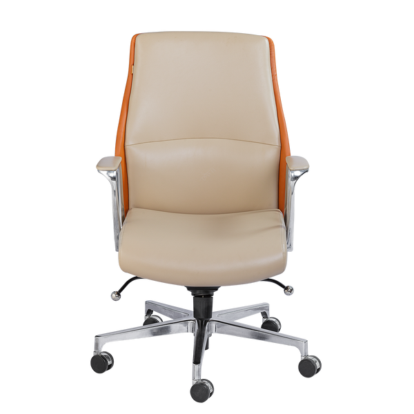 Executive Office Chair - Beige Leather with Orange Wood Trim & Chrome