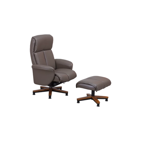 Luxury Recliner Chair with Ottoman - Grey Leather & Wooden Base