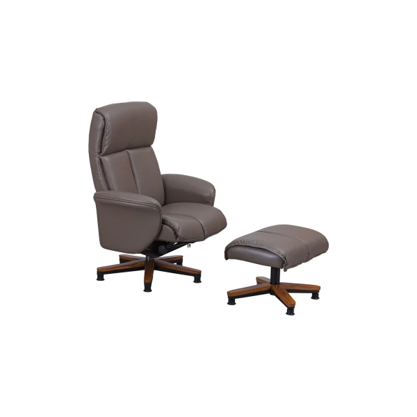 Luxury Recliner Chair with Ottoman - Grey Leather & Wooden Base