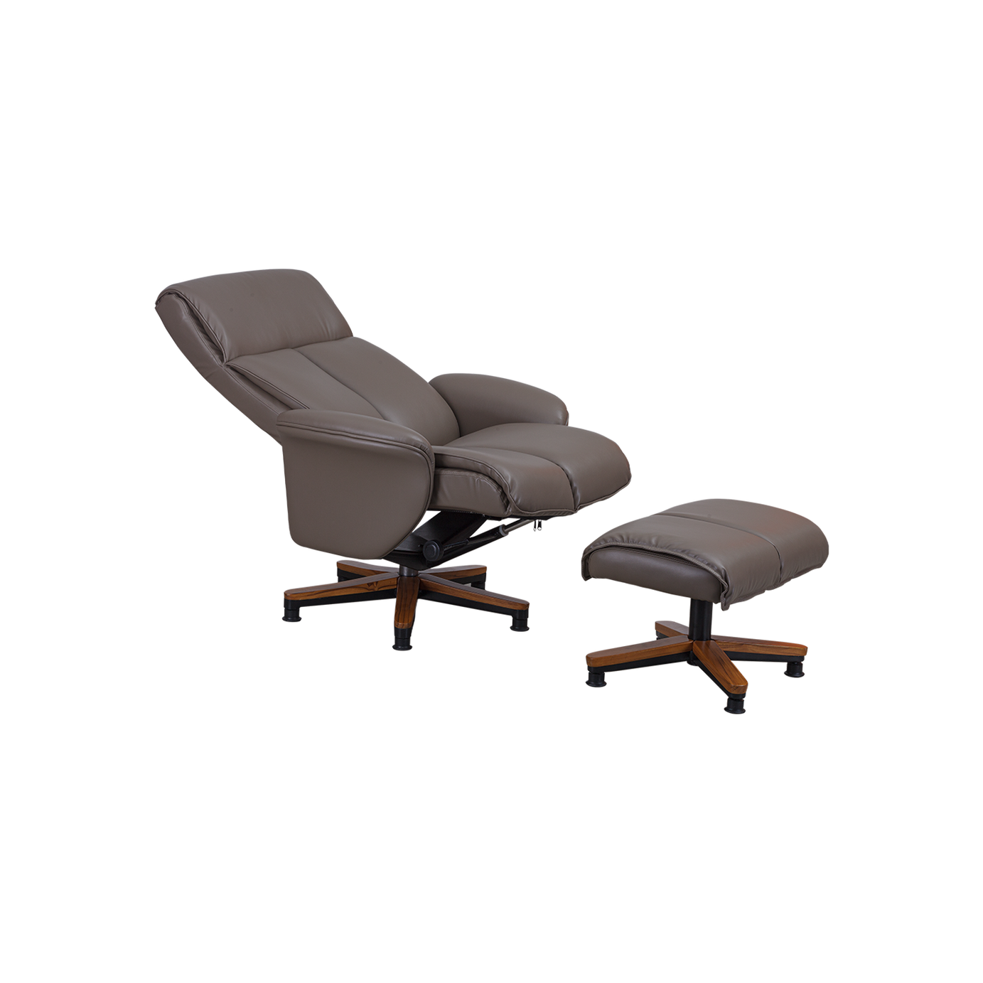 Luxury Recliner Chair with Ottoman - Grey Leather & Wooden Base