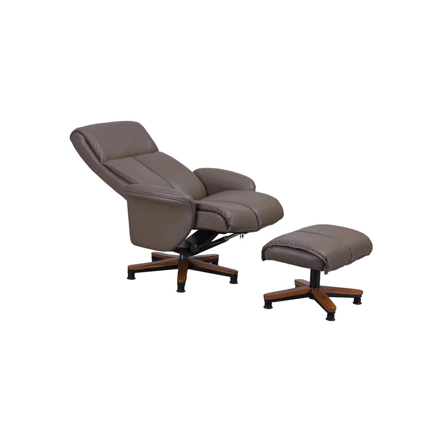 Luxury Recliner Chair with Ottoman - Grey Leather & Wooden Base