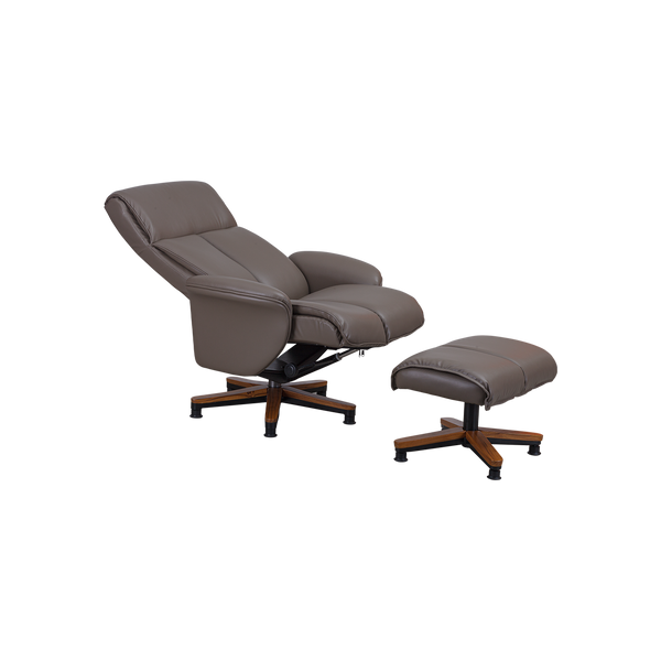 Luxury Recliner Chair with Ottoman - Grey Leather & Wooden Base