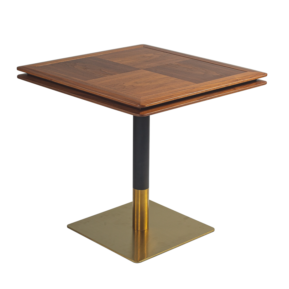 Square Cafe Table with Parquet Wood Top and Gold Pedestal Base