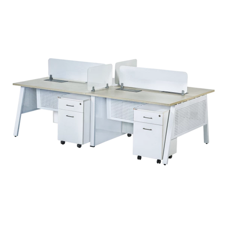 4-Person Linear Bench Workstation - White with Perforated Modesty Panels & Privacy Screens