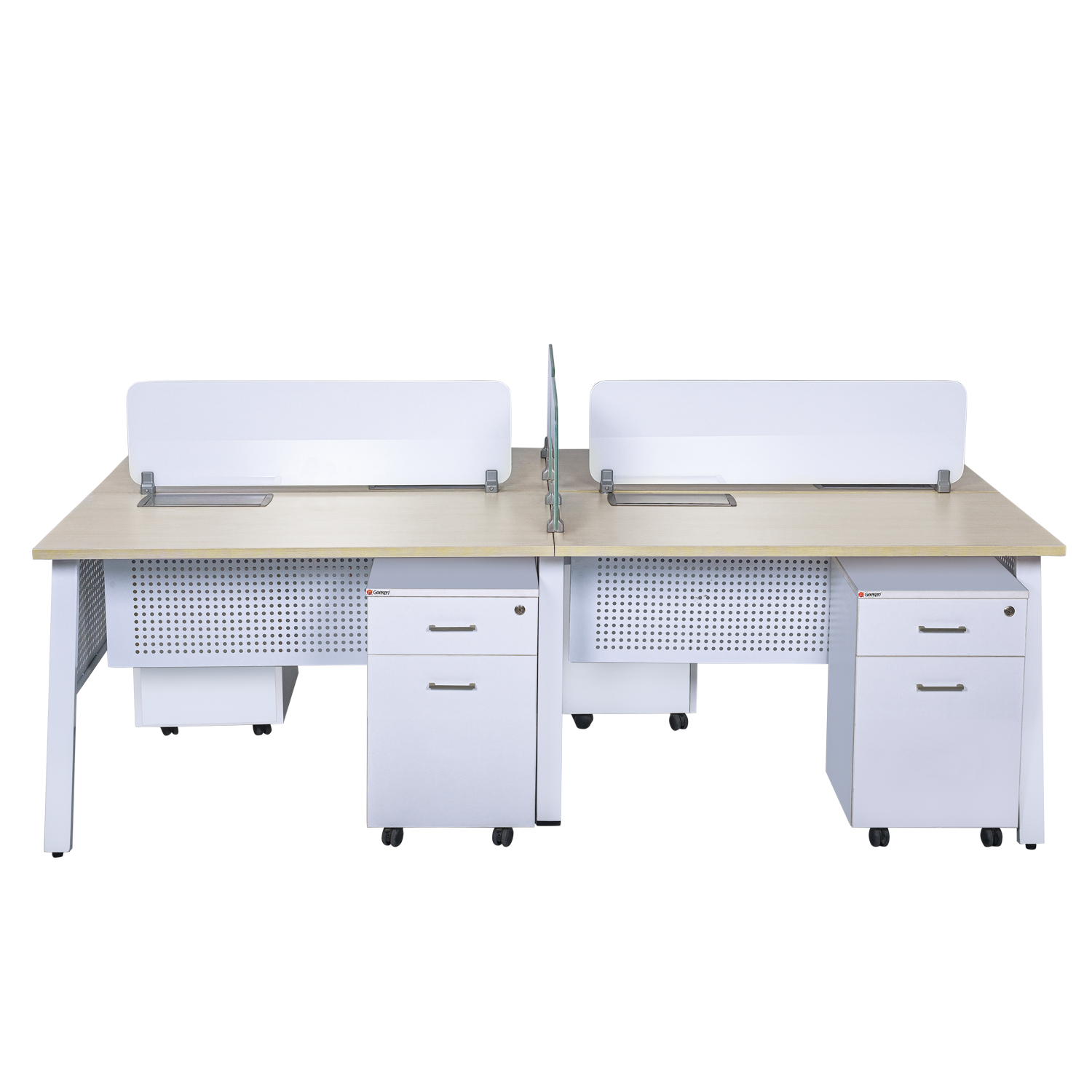 4-Person Linear Bench Workstation - White with Perforated Modesty Panels & Privacy Screens