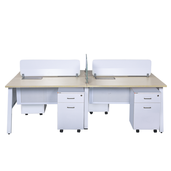 4-Person Linear Bench Workstation - White with Perforated Modesty Panels & Privacy Screens