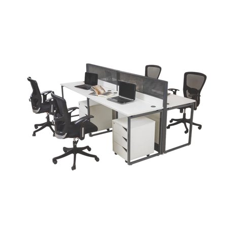 4-Person Bench Workstation System - Complete with Ergonomic Mesh Chairs & Storage
