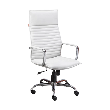 Modern Executive Office Chair - White Ribbed Leather with Chrome