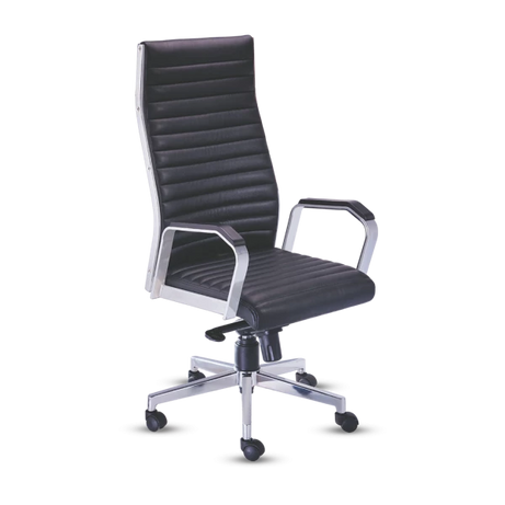 Executive High-Back Office Chair - Black Ribbed Leather with Chrome