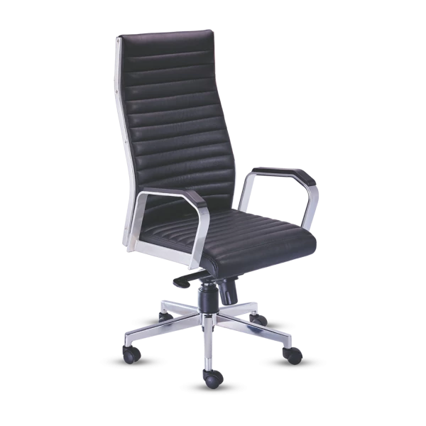 Executive High-Back Office Chair - Black Ribbed Leather with Chrome