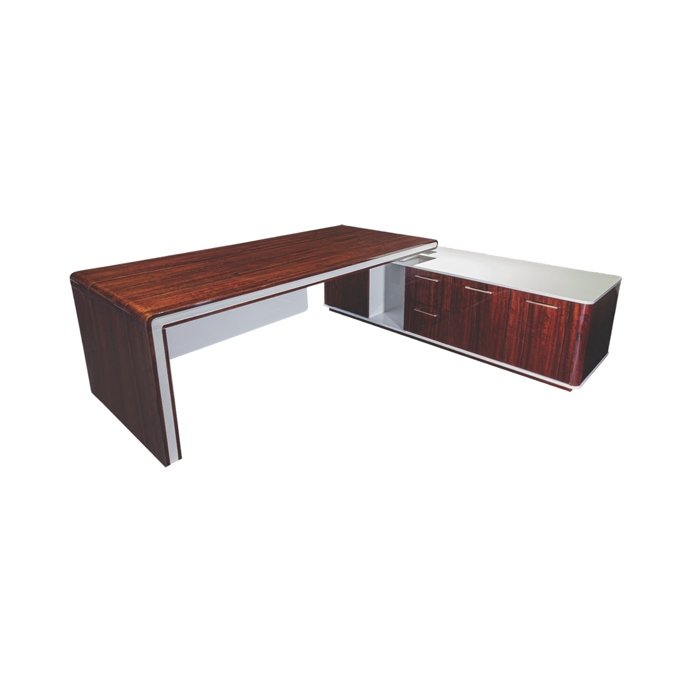 Modern Executive L-Shaped Desk - Walnut Finish with Chrome Legs & Side Cabinet