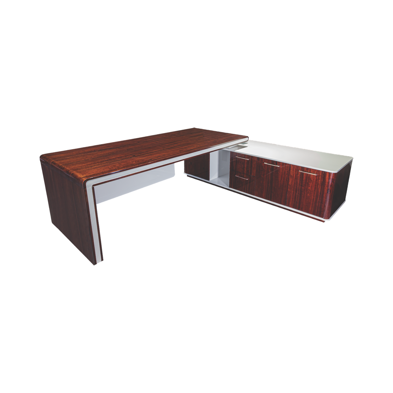 Modern Executive L-Shaped Desk - Walnut Finish with Chrome Legs & Side Cabinet