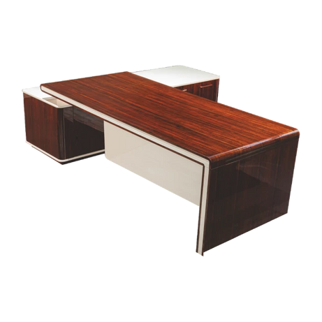 Modern Executive L-Shaped Desk - Walnut Finish with Chrome Legs & Side Cabinet
