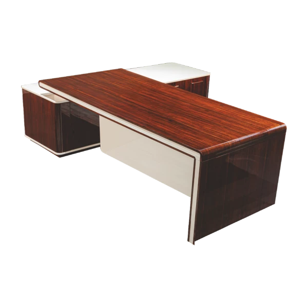 Modern Executive L-Shaped Desk - Walnut Finish with Chrome Legs & Side Cabinet
