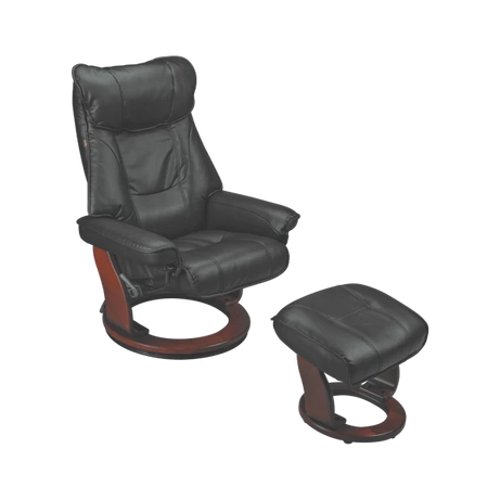 Luxury Swivel Recliner Chair with Ottoman - Black Leather & Wooden Base