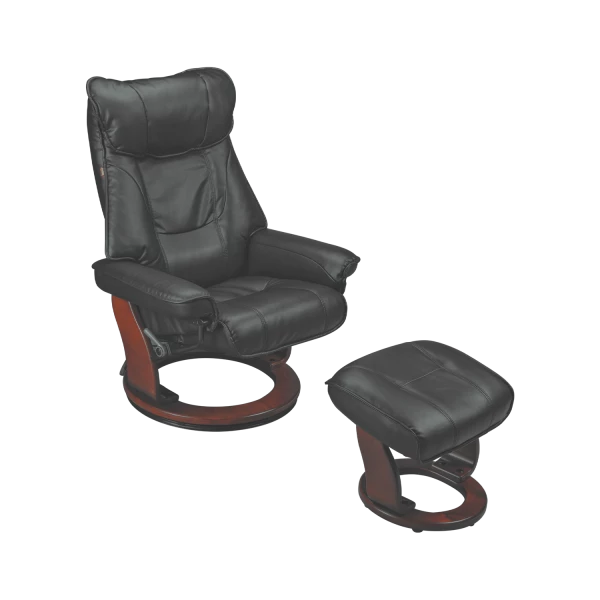 Luxury Swivel Recliner Chair with Ottoman - Black Leather & Wooden Base