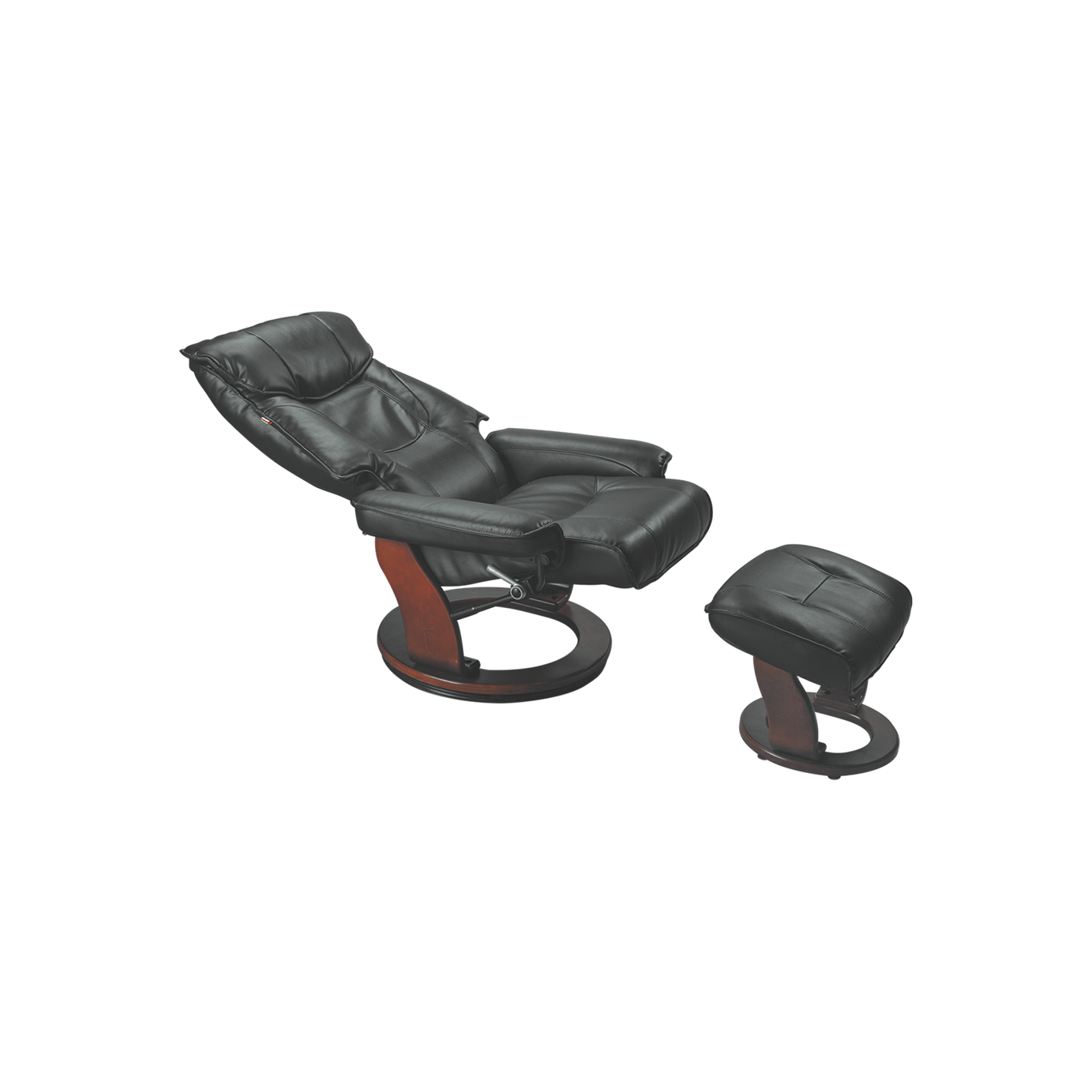 Luxury Swivel Recliner Chair with Ottoman - Black Leather & Wooden Base