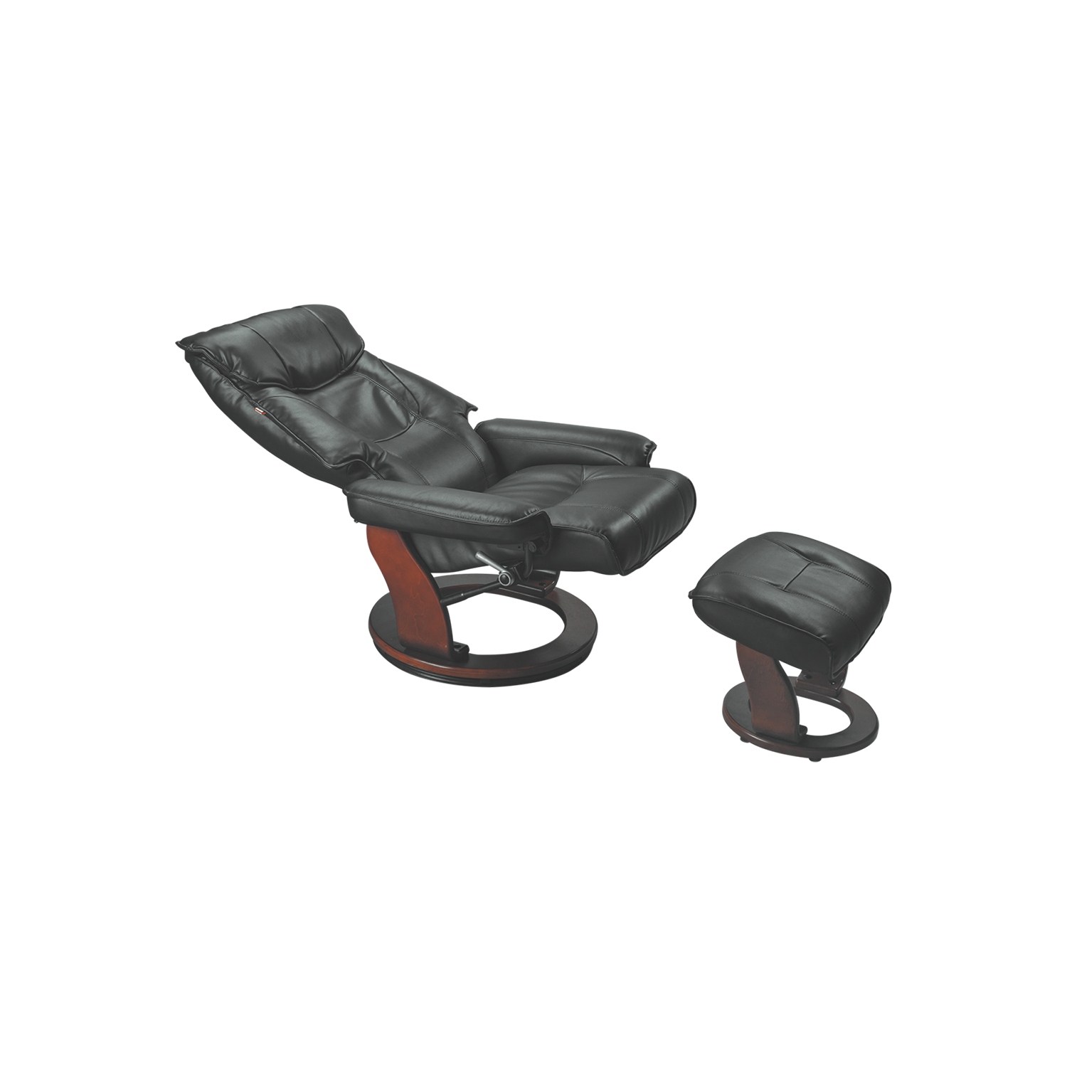 Luxury Swivel Recliner Chair with Ottoman - Black Leather & Wooden Base