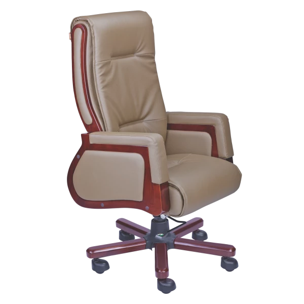 Luxury Executive Office Chair - Beige Leather with Mahogany Wood Trim